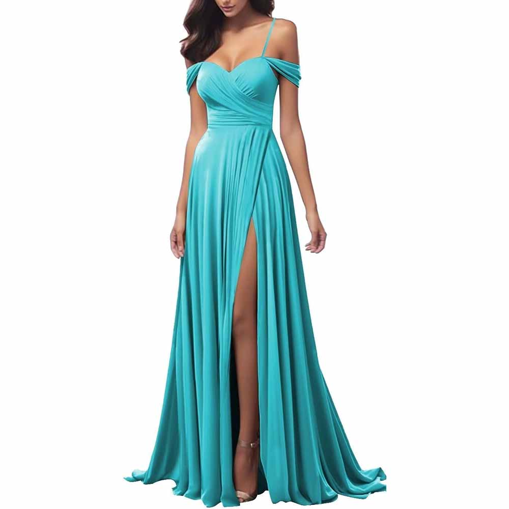 Beautiful teal spaghetti strap bridesmaid dresses with a thigh-high slit and off-shoulder design