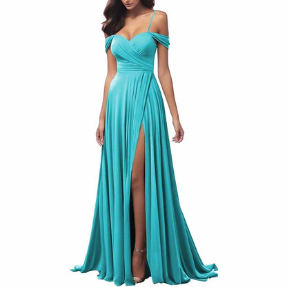 Beautiful teal spaghetti strap bridesmaid dresses with a thigh-high slit and off-shoulder design
