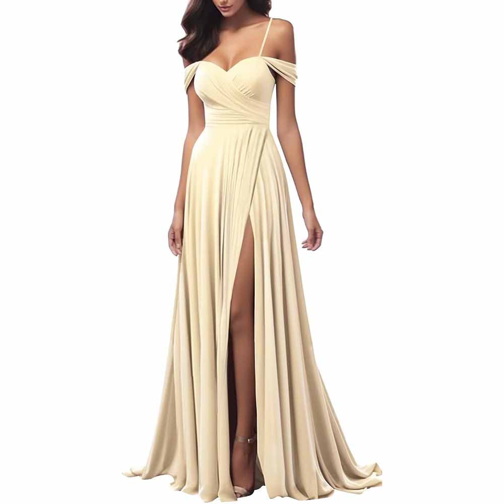 Elegant spaghetti strap bridesmaid dresses in cream color with a thigh-high slit and flowing skirt.