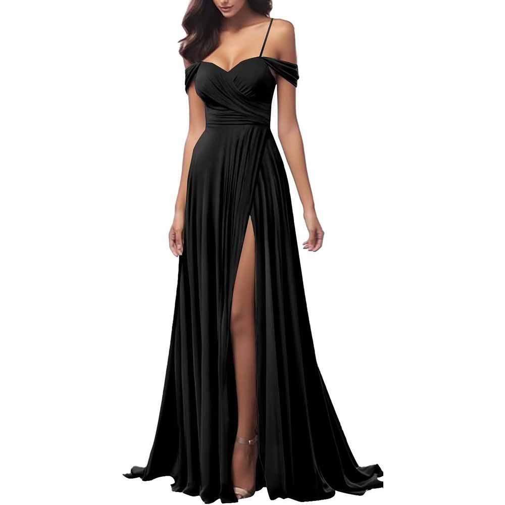 Elegant black spaghetti strap bridesmaid dresses with a thigh-high slit and off-shoulder design