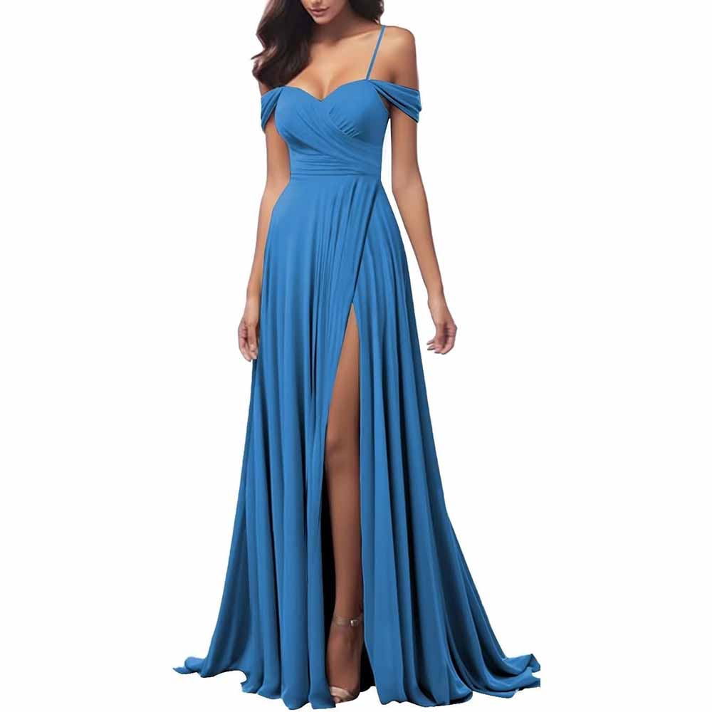 Elegant blue spaghetti strap bridesmaid dresses with a side slit and sweetheart neckline