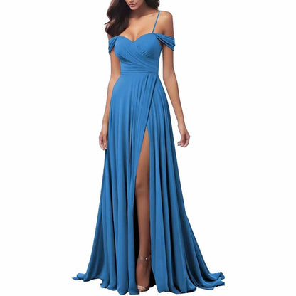 Elegant blue spaghetti strap bridesmaid dresses with a side slit and sweetheart neckline
