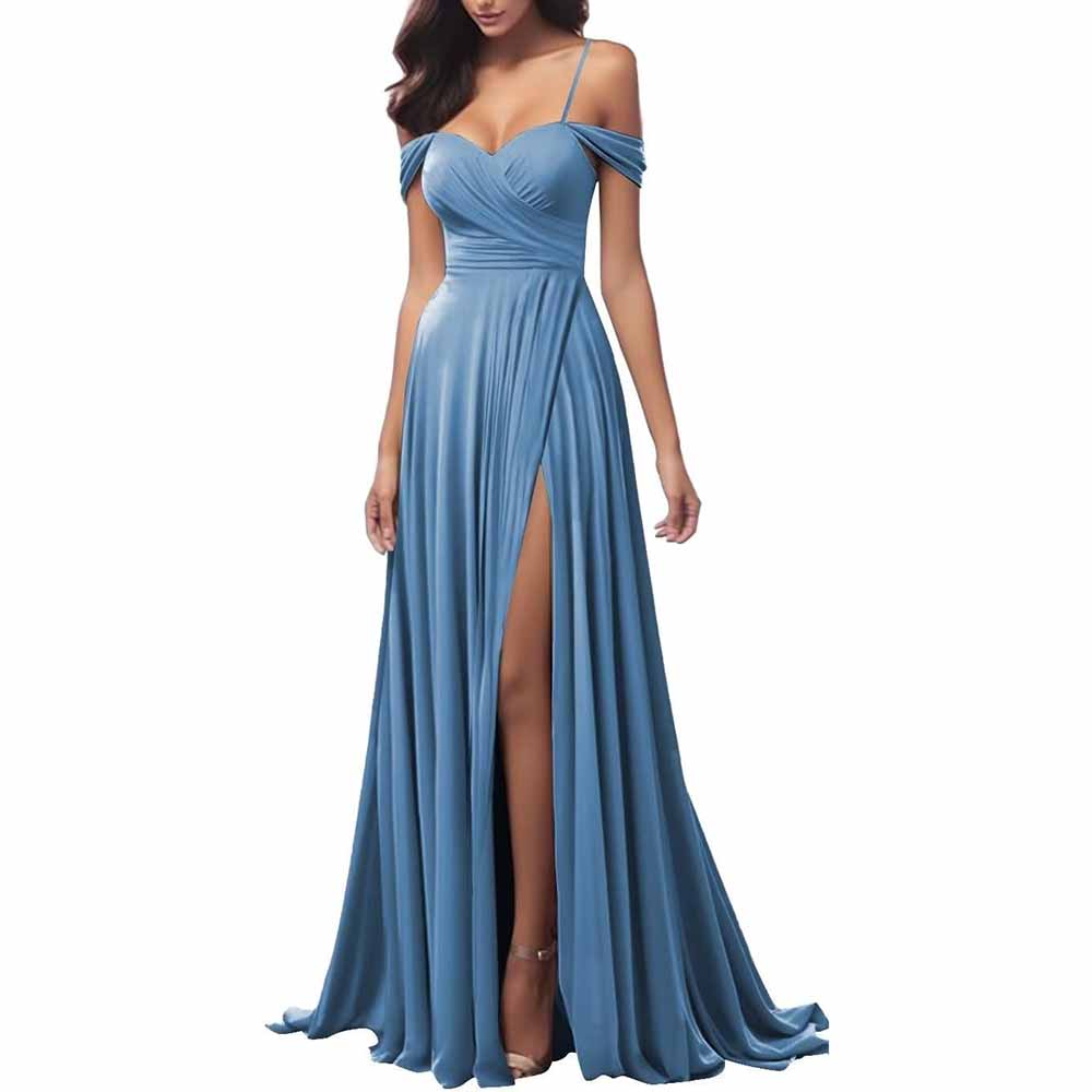 Elegant spaghetti strap bridesmaid dresses in blue with a stylish side slit and flattering fitted design