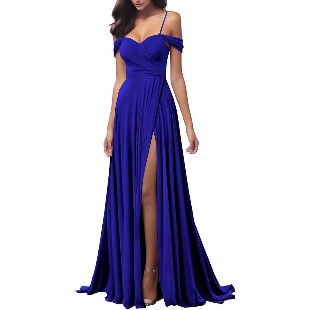 Elegant blue spaghetti strap bridesmaid dresses with off-shoulder design and side slit