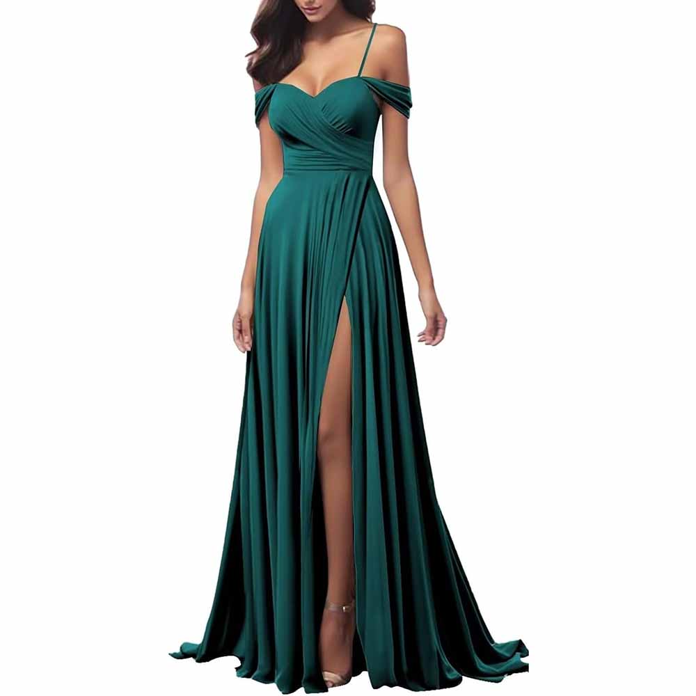 Elegant teal spaghetti strap bridesmaid dresses with off-shoulder design and high slit for stylish weddings