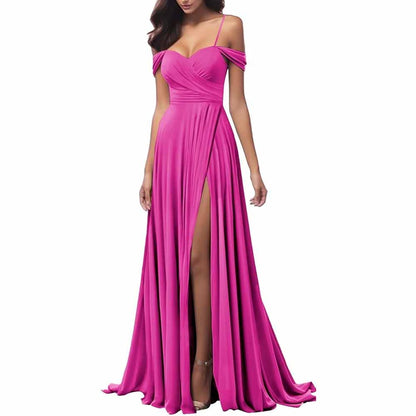 Elegant pink spaghetti strap bridesmaid dresses with a side slit and flattering fit for weddings