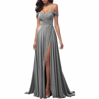 Elegant gray spaghetti strap bridesmaid dresses with a flowing skirt and thigh-high slit