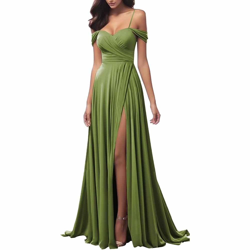 Elegant green spaghetti strap bridesmaid dresses with a thigh-high slit and flattering draped design
