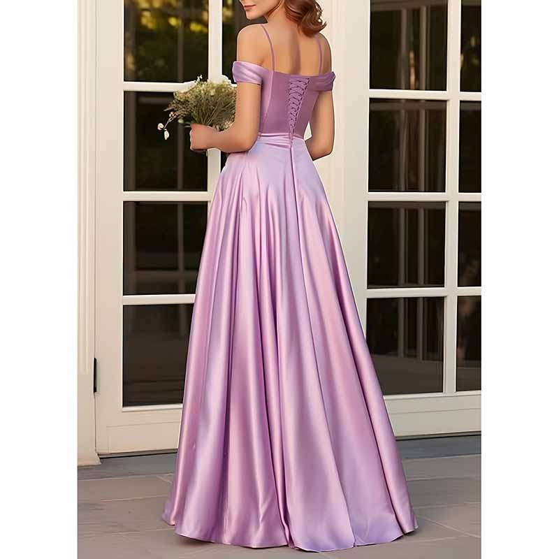 Elegant lavender spaghetti strap bridesmaid dresses with an off-shoulder design and flowing skirt