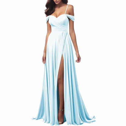 Light blue spaghetti strap bridesmaid dresses with a flattering split and off-shoulder design