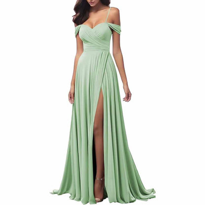 Elegant green spaghetti strap bridesmaid dresses with a flattering silhouette and thigh-high slit