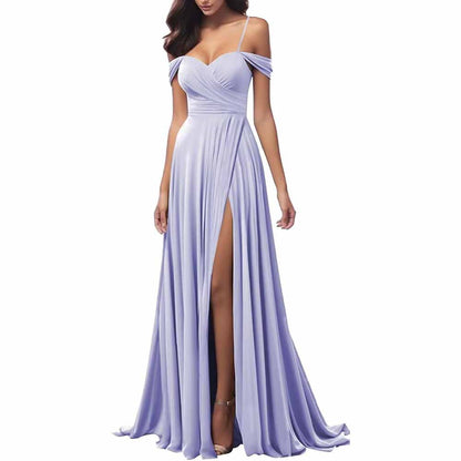 Elegant lavender spaghetti strap bridesmaid dresses with a front slit and off-shoulder design