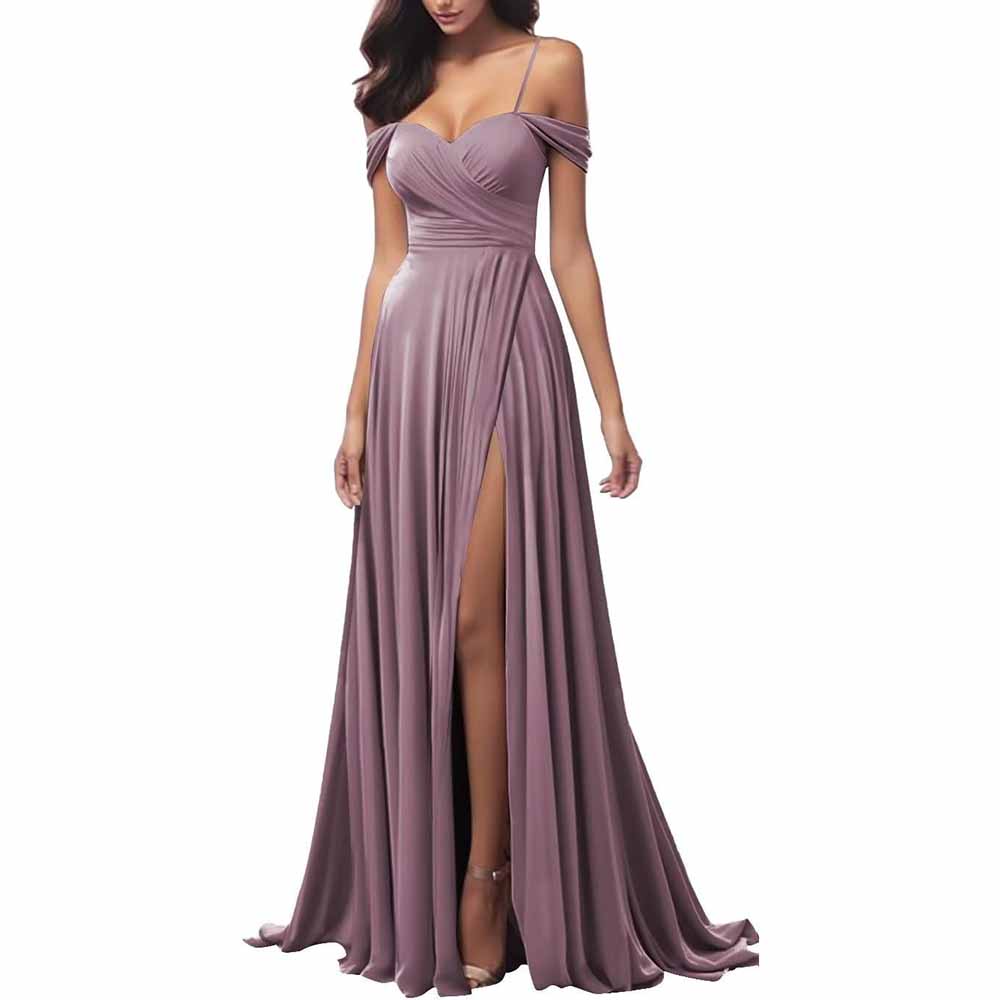 Elegant spaghetti strap bridesmaid dresses in mauve with a thigh-high slit and flowy skirt