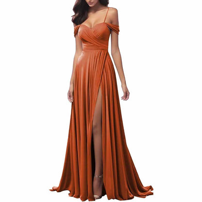 Elegant spaghetti strap bridesmaid dresses in rust color with a side slit and off-shoulder design