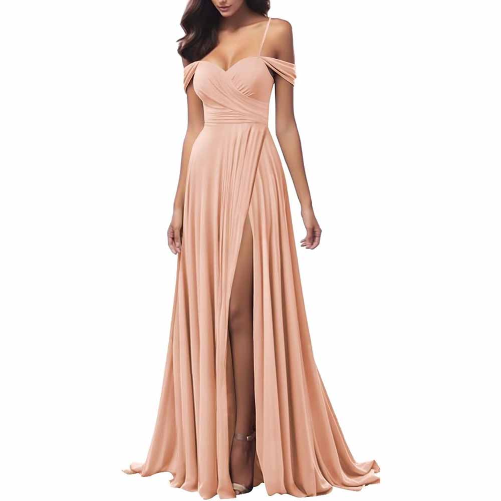Elegant spaghetti strap bridesmaid dresses in blush with a thigh-high slit and off-shoulder design