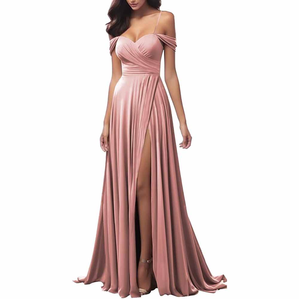 Elegant spaghetti strap bridesmaid dresses in blush pink with a flowing skirt and high slit