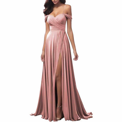 Elegant spaghetti strap bridesmaid dresses in blush pink with a flowing skirt and high slit