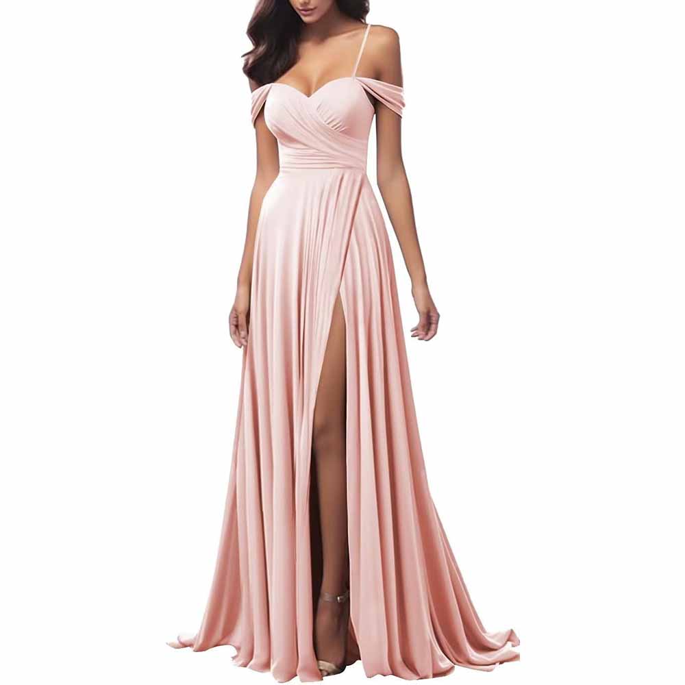 Elegant blush spaghetti strap bridesmaid dresses with a sweetheart neckline and thigh-high slit