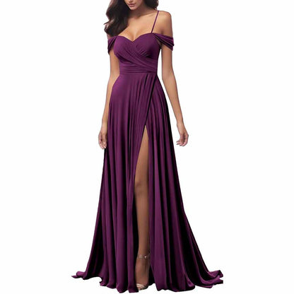 Elegant purple spaghetti strap bridesmaid dresses with a side slit and off-the-shoulder design