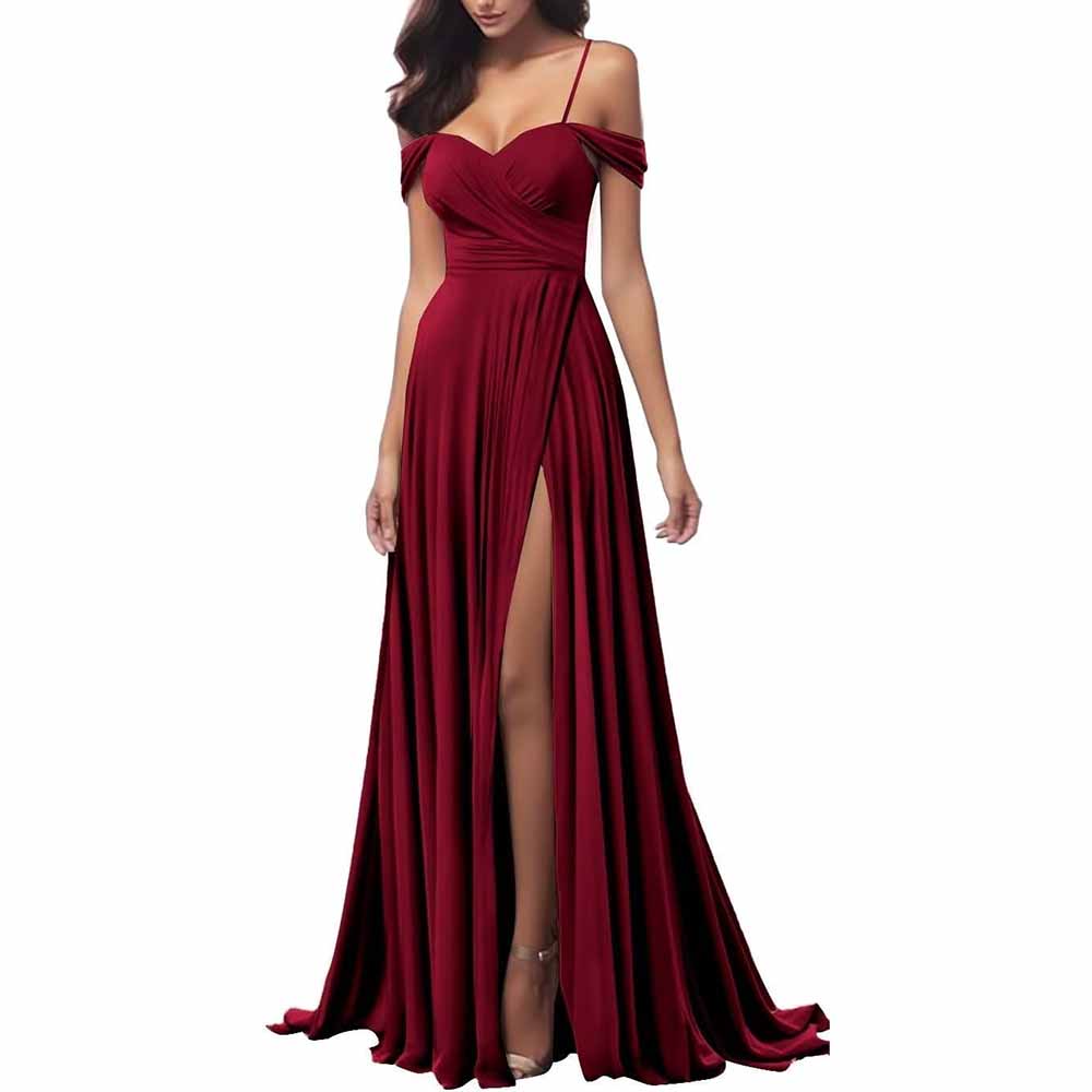 Elegant burgundy spaghetti strap bridesmaid dresses with a thigh-high slit and off-shoulder design