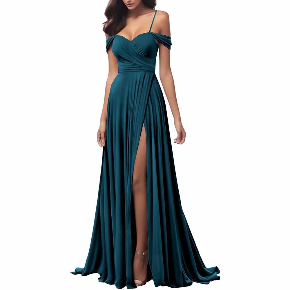 Elegant teal spaghetti strap bridesmaid dresses with off-shoulder detail and a stylish side slit