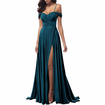 Elegant teal spaghetti strap bridesmaid dresses with off-shoulder detail and a stylish side slit
