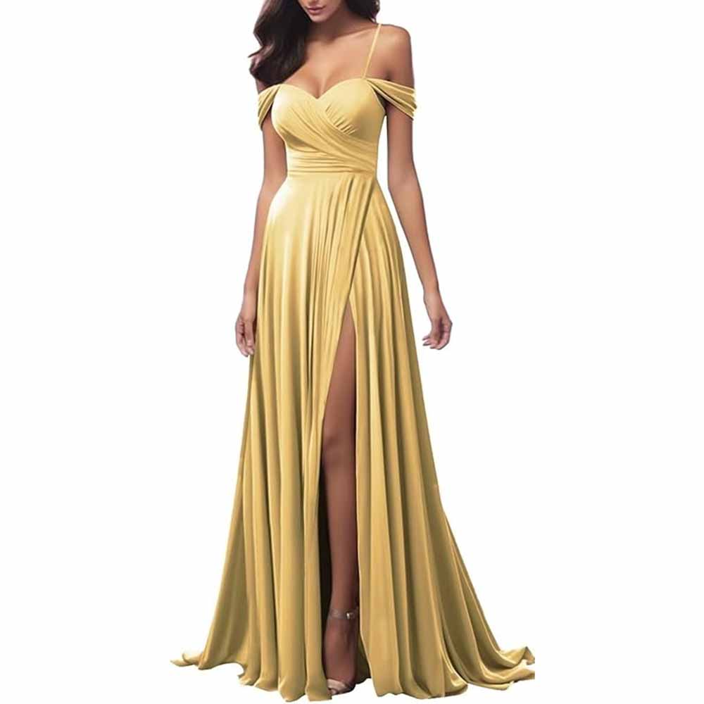Elegant yellow spaghetti strap bridesmaid dresses with a high slit and wrap design for weddings