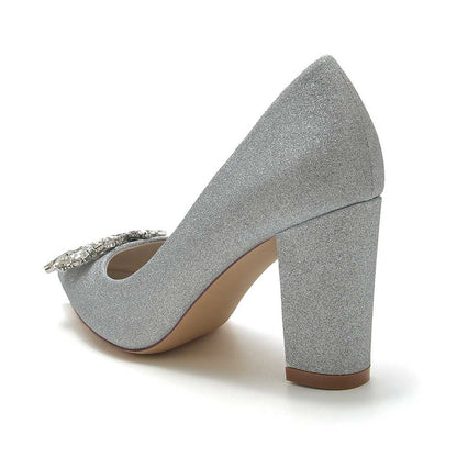 Silver S&DCo. sparkly buckle party shoes for women with a stylish block heel and elegant design