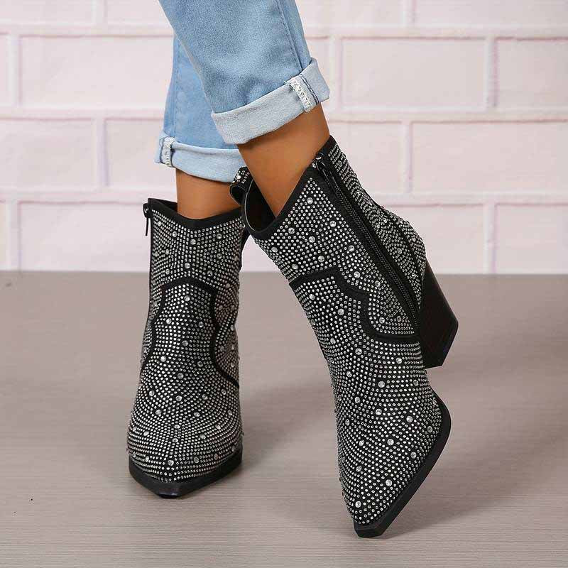 Stylish sparkly cowboy boots with a sleek design and high heels, perfect for trendy outfits