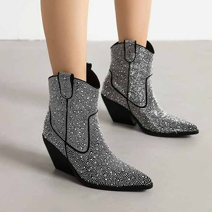 Sparkly cowboy boots with a stylish design and supportive wedge heel for trendy comfort