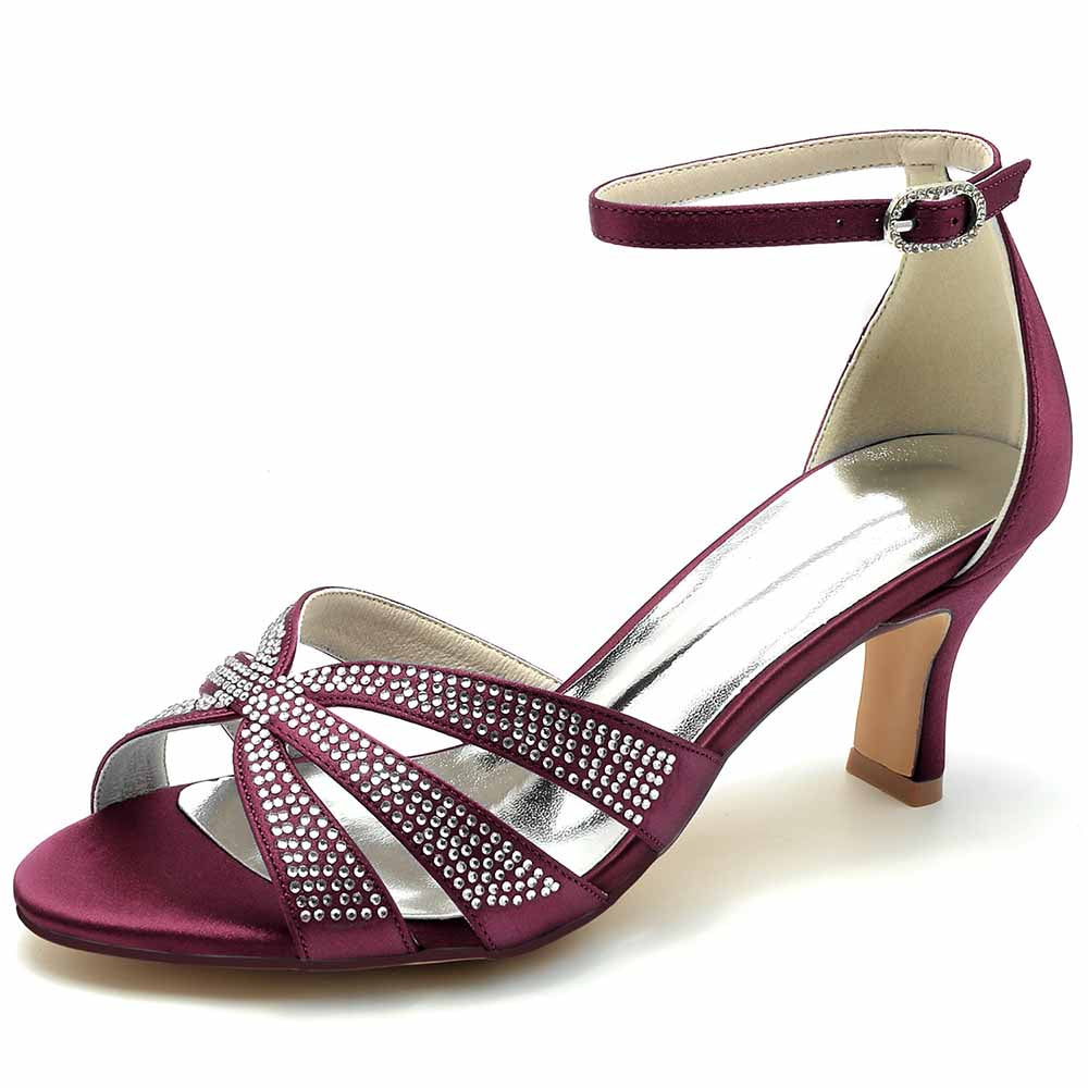 S&DCo. sparkly heels for parties with ankle strap and rhinestone detailing in burgundy color