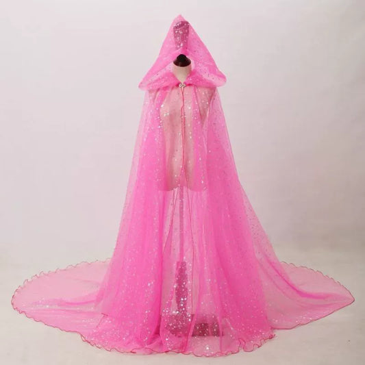 S&DCo. sparkly hooded robe for wedding in pink with flowing fabric and shimmering design