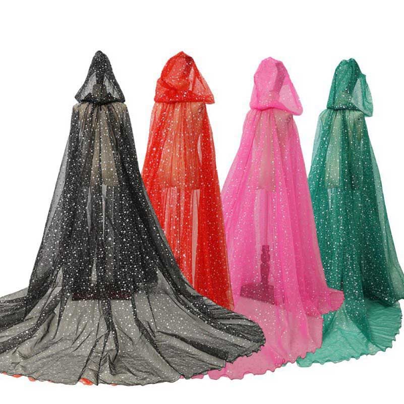 Four sparkly hooded robes for wedding in different colors: black, red, pink, and green