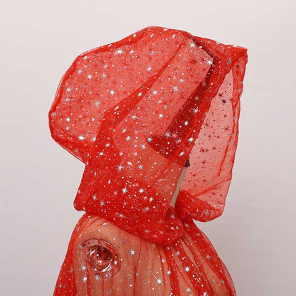Sparkly hooded robe for wedding in red with shimmering stars and a stylish design