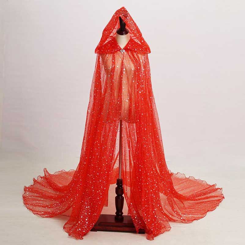 S&DCo. sparkly hooded robe for wedding in red with shimmering details and flowing fabric