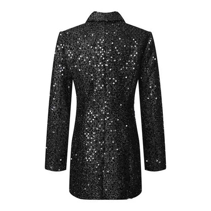 Back view of a sparkly party blazer for women with a shimmering black design