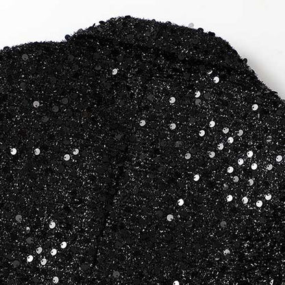Close-up of a sparkly party blazer for women with shimmering sequins in black