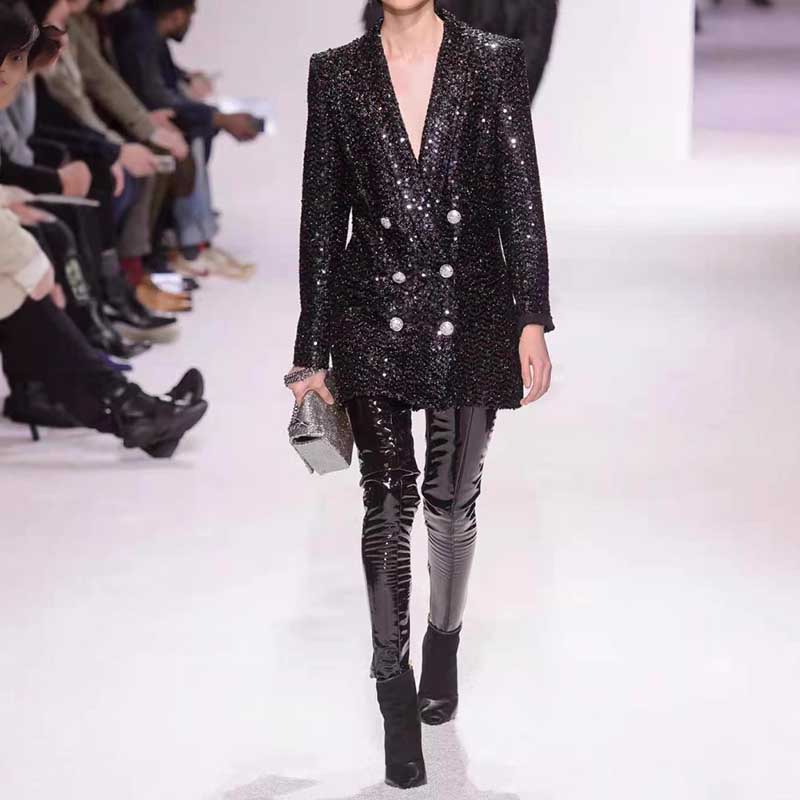 Sparkly party blazer for women featuring a double-breasted design and stylish black sequins