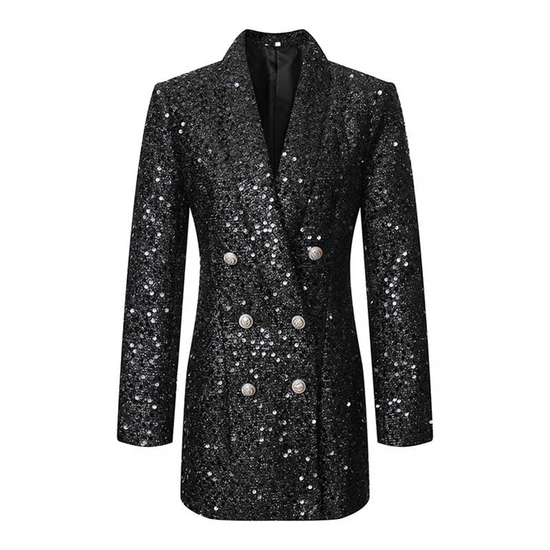 Sparkly party blazer for women in black sequins with a double-breasted design and shiny buttons