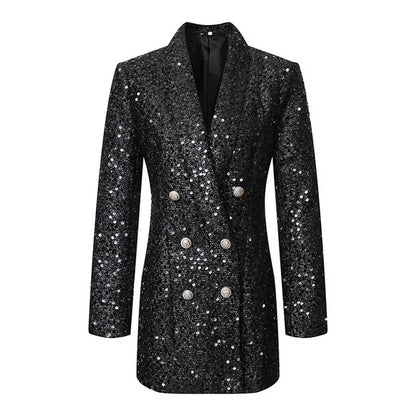 Sparkly party blazer for women in black sequins with a double-breasted design and shiny buttons