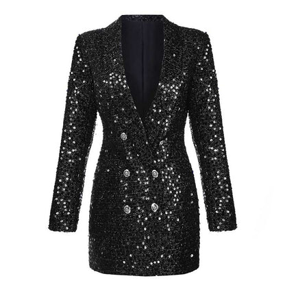 Sparkly party blazer for women featuring a double-breasted design and shimmering sequins in black