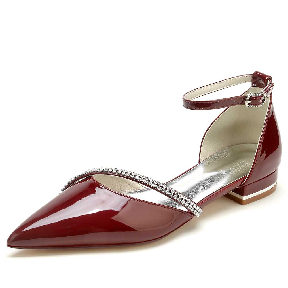 S&DCo. sparkly pointed toe flats in burgundy with ankle strap and embellished details