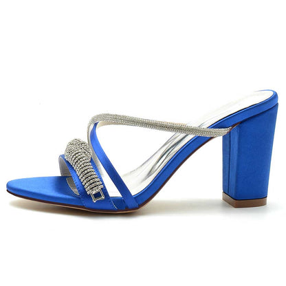 S&DCo. sparkly wedding shoes block heel in blue satin with rhinestone embellishments