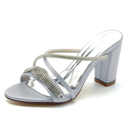 S&DCo. sparkly wedding shoes block heel in silver with stylish cross straps and rhinestone detailing