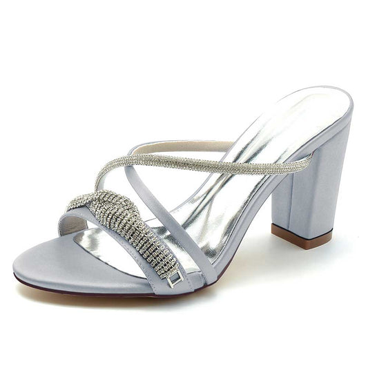 S&DCo. sparkly wedding shoes block heel in silver with stylish cross straps and rhinestone detailing