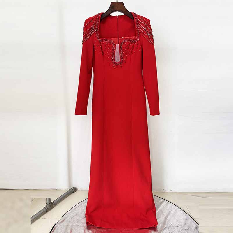 Long Sleeve Square Neck A-Line Prom Dress With Crystal