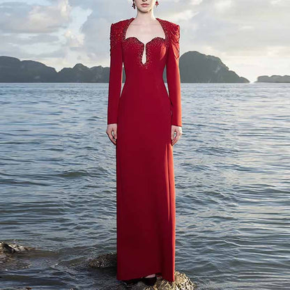 Long Sleeve Square Neck A-Line Prom Dress With Crystal