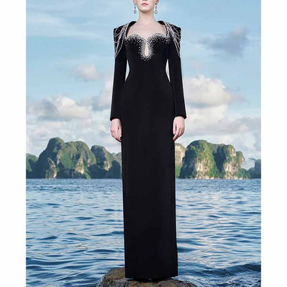 Long Sleeve Square Neck A-Line Prom Dress With Crystal