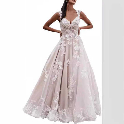 A-Line Square-Neck Wedding Dress With Sweep Train Lace Appliqued Bridal Dress