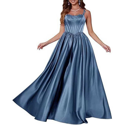 Spaghetti Straps Wedding Ball Gown Appliques Satin Prom Dress